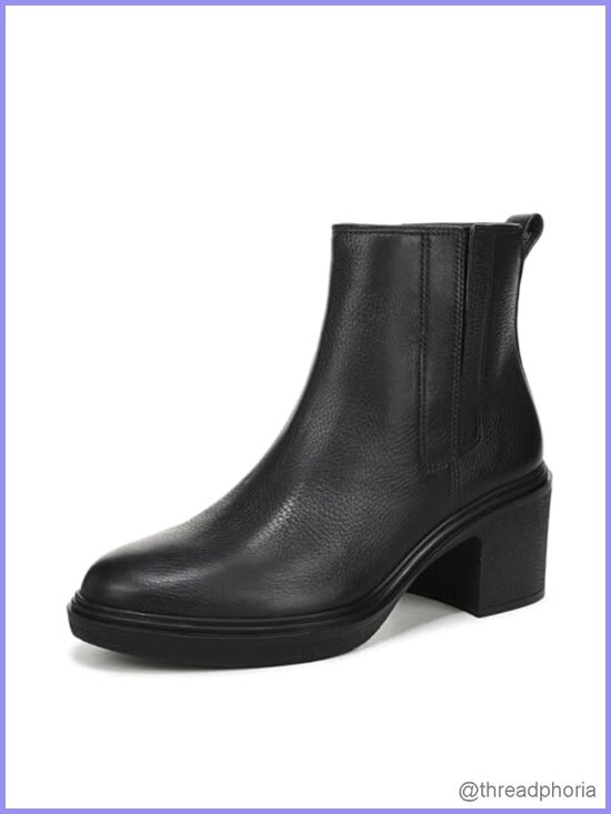 Shoes - Water-Resistant Leather Ankle Bootie with Block Heel Pointed Toe